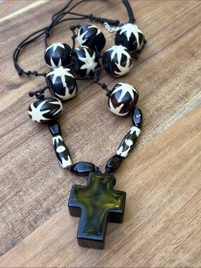 Black and White Beaded Rosary Necklace with Cross